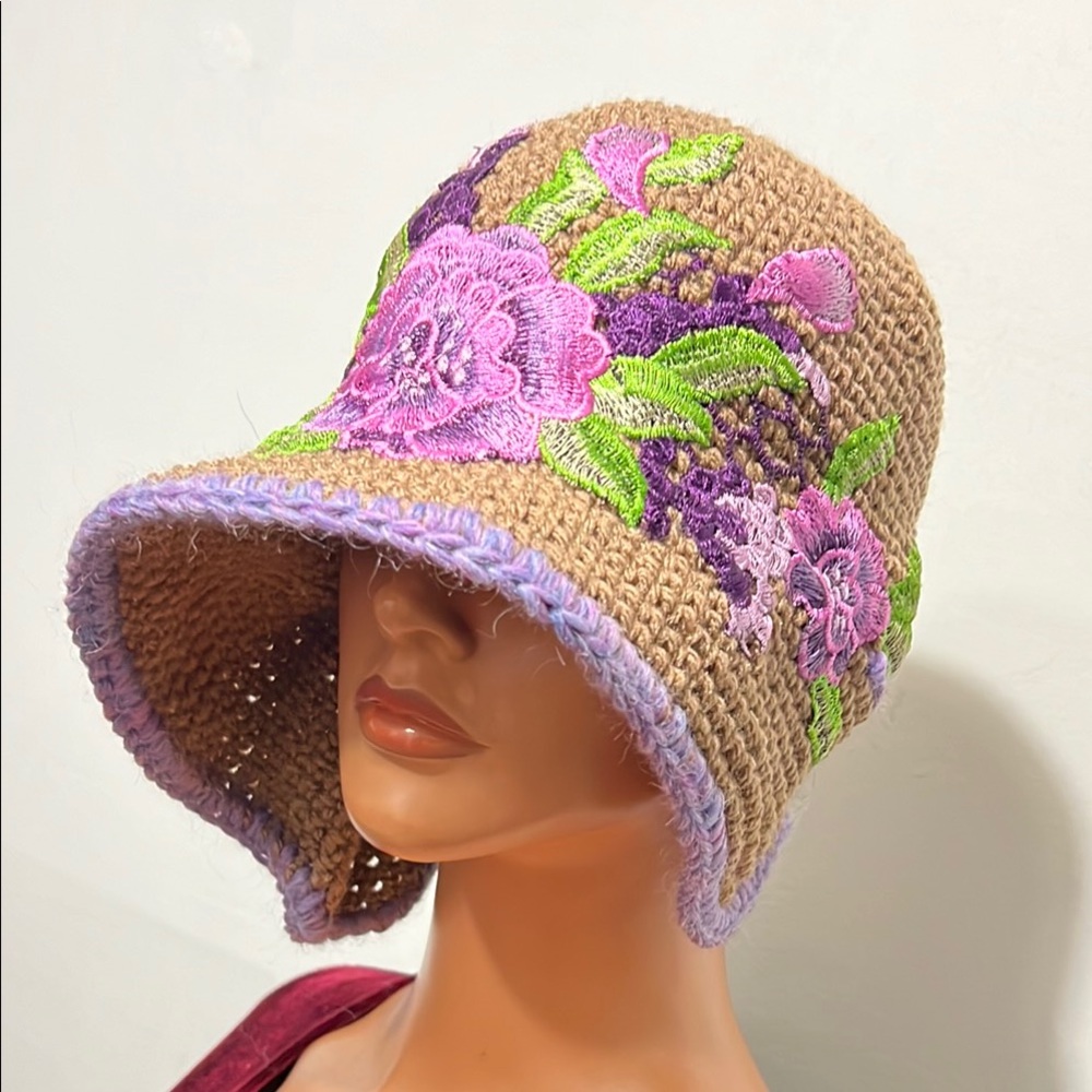 Chic Floral Embroidered Crochet Hat In Cafe Latte/Brown And Purple View 5